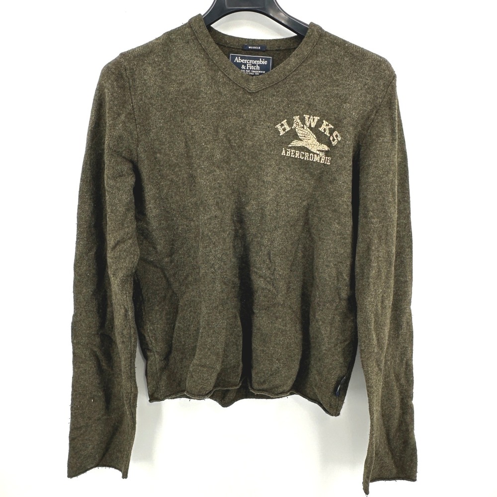 Abercrombie & Fitch V-Neck Sweater Mens M Green Muscle Fit Y2K Lambswool Hawks